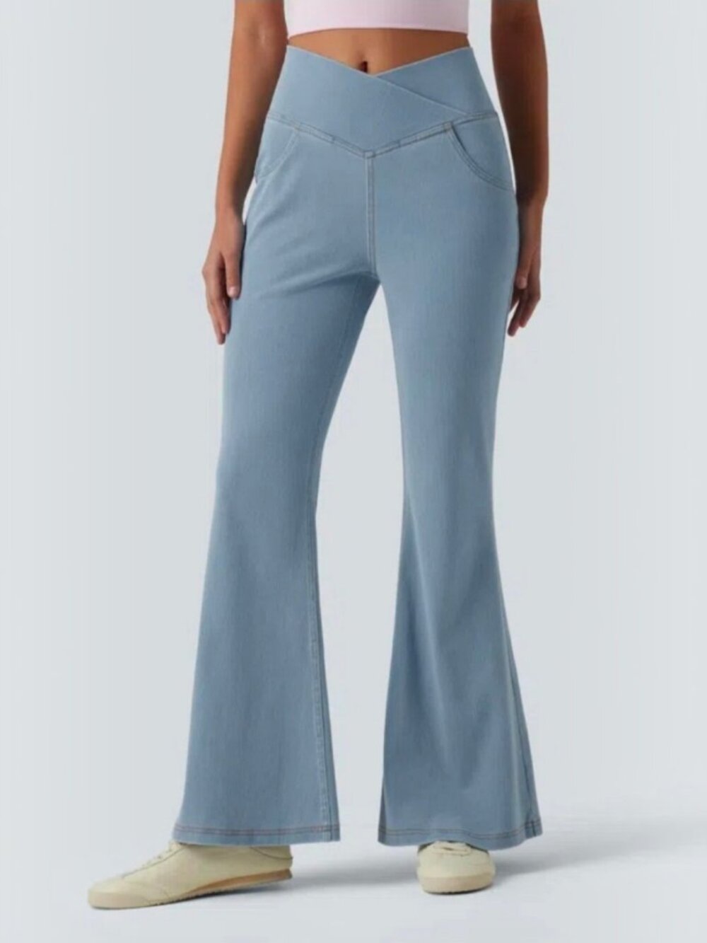 NWT Halara Womens Large Petite LP High Waisted Crossover Flare Blue Jeans 052